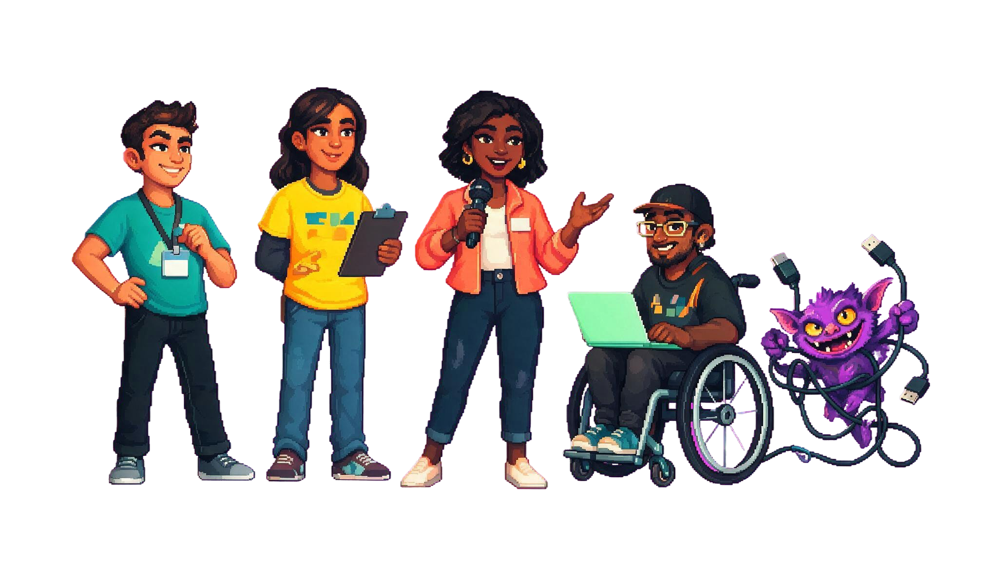 Pixel-art WordCamp World attendees, organizer, speaker, contributor, and AV gremlin